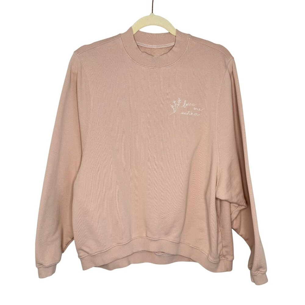 Kristin Made Blush Pink Sweatshirt Embroidered "Love One Another" Design, S/M